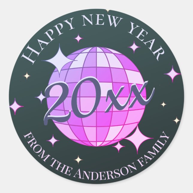 Sticker Rond Bonne année 2025 noir violet rose (Devant)