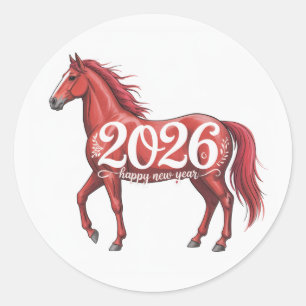 Sticker Rond Bonne année 2026 Carte Cheval Rouge Illustration