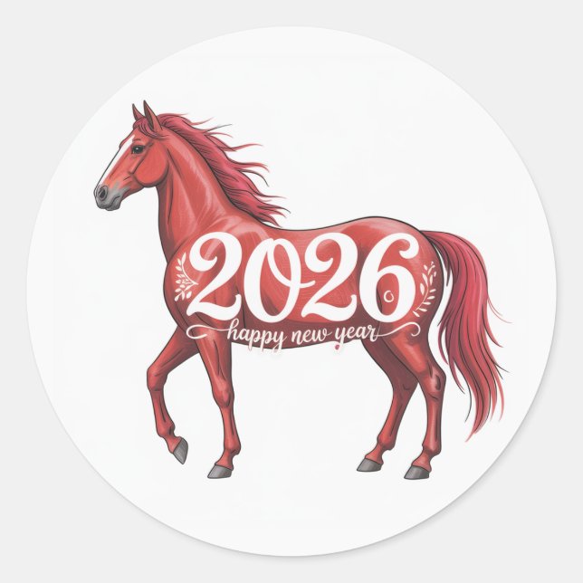 Sticker Rond Bonne année 2026 Carte Cheval Rouge Illustration (Devant)
