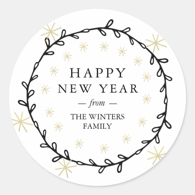 Sticker Rond Bonne année Laurel Wreath Gold Stars Nom (Devant)