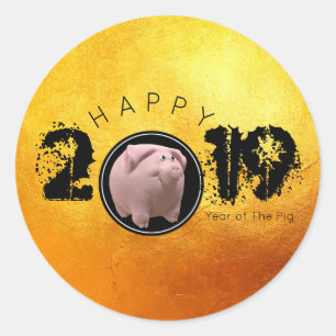 Sticker Rond Bonne année PIg 2019 Original 3D or 2 Round S