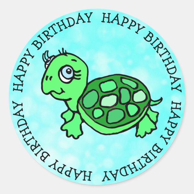 Sticker Rond Bonne Anniversaire Mignonne Tortue Tropicale (Devant)