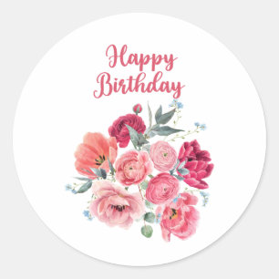 Sticker Rond Bonne aquarelle d'anniversaire Fleurs rouges et ro