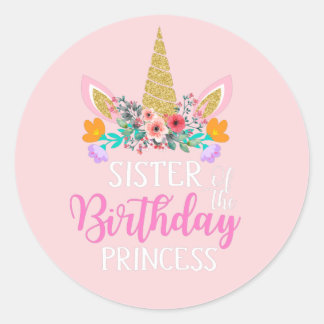 Sticker Rond Bonne fête d'anniversaire Soeur Unicorn Pink