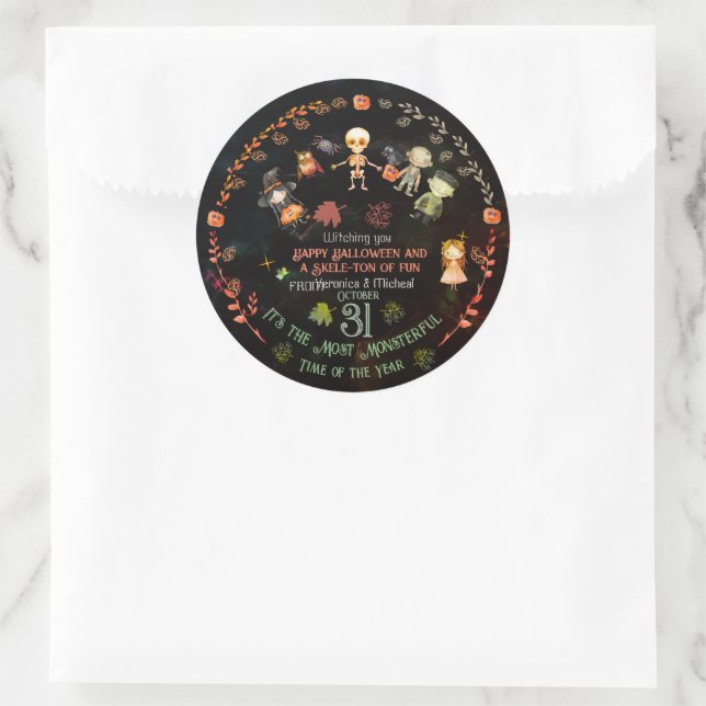 Sticker Rond Bonne fête de l'Halloween mignonette Monsters (Sac)