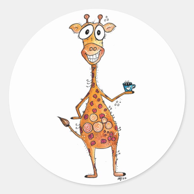 Sticker Rond Bonne Giraffe Whimsical Boire Café (Devant)