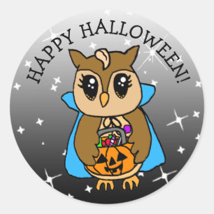 Sticker Rond Bonne Halloween chouette Whimsical Owl avec bonbon