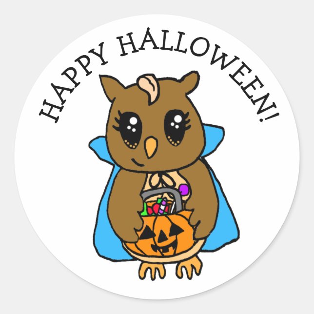 Sticker Rond Bonne Halloween chouette Whimsical Owl avec bonbon (Devant)