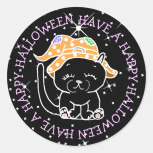 Sticker Rond Bonne Halloween Cute Black Cat