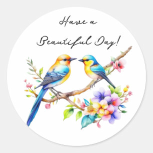 Sticker Rond Bonne journée   Aquarelle Oiseaux et fleurs