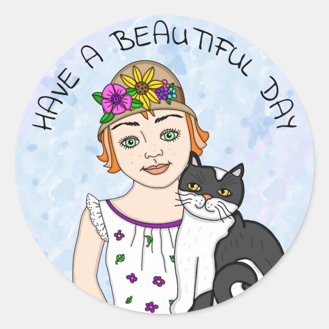 Sticker Rond Bonne journée ! Folk Art Girl and Cat (Devant)