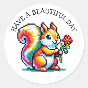 Sticker Rond Bonne journée   Pixel Art Squirrel