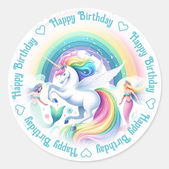 Sticker Rond Bonne licorne d'anniversaire et sirènes (Devant)