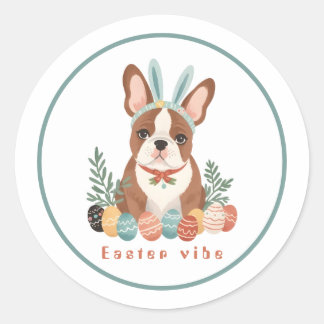 Sticker Rond Bonne Pâques avec France Bulldog dans Bunny Ears