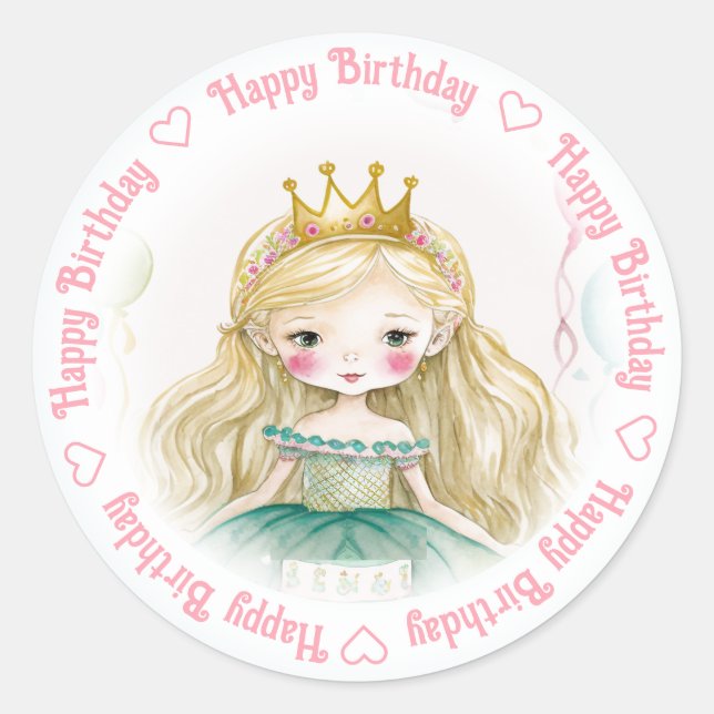 Sticker Rond Bonne princesse d'anniversaire (Devant)
