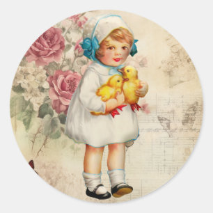 Sticker Rond Bonne Printemps Vintage petite fille & poules