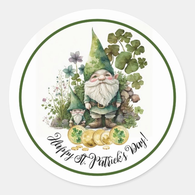 Sticker Rond Bonne Saint Patrick. Aquarelle irlandaise Gnomes (Devant)