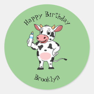 Sticker Rond Bonne vache avec dessin animé de biberon
