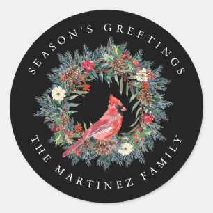 Sticker Rond Bonnes Fêtes de couronne rouge cardinale de pin