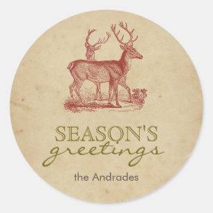 Sticker Rond Bonnes Fêtes Vintage Noël Cerf Rustique