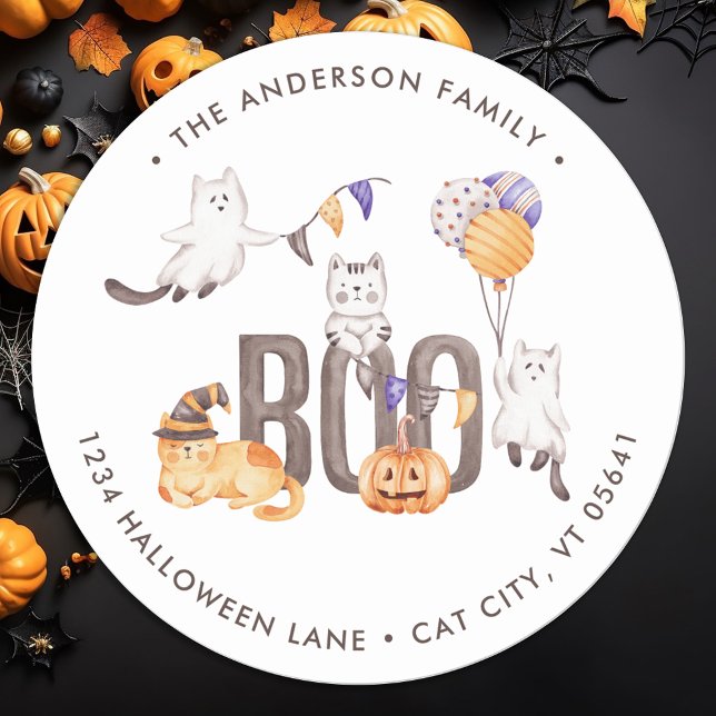 Sticker Rond Boo Cute Cats Ghosts Halloween Adresse de retour (Créateur téléchargé)