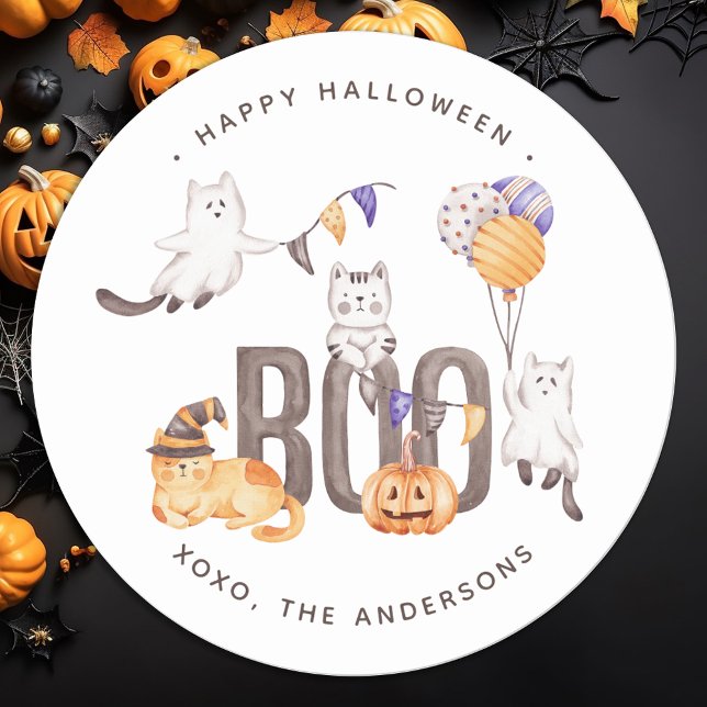 Sticker Rond Boo Cute Kid's Cats Ghosts Citrouille Happy Hallow (Créateur téléchargé)