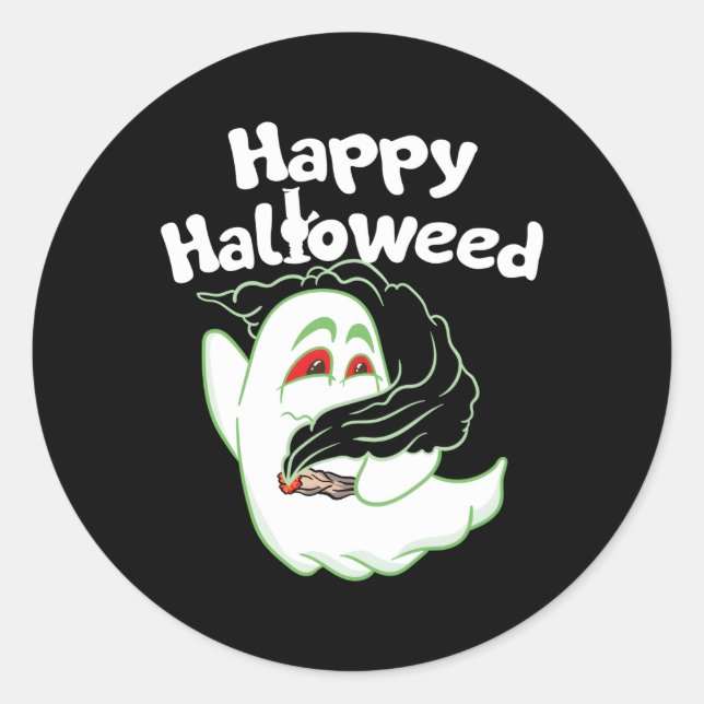 Sticker Rond Boo Ghost Fumer Mauvaise Herbe Halloweed Happy Hal (Devant)