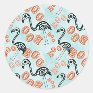 Sticker Rond Boo Halloween | Flamant rose Skeleton