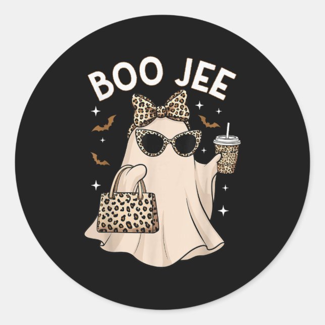 Sticker Rond Boo Jee Leopard Ghost Café Halloween Boujee Femme (Devant)