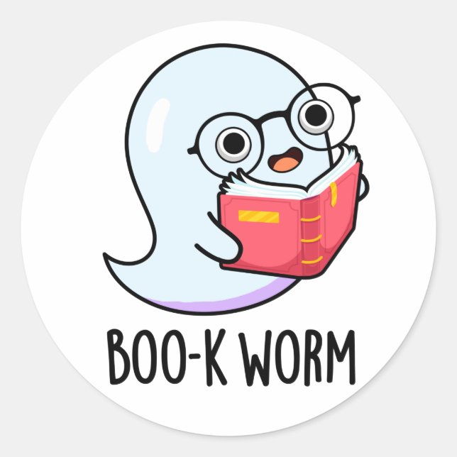 Sticker Rond Boo-k Worm Funny Halloween Bookworm Ghost Pun (Devant)