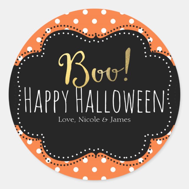 Sticker Rond BOO ! Polka blanc et orange point Halloween Favori (Devant)