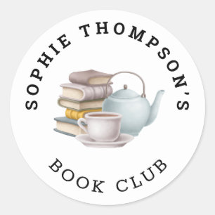 Sticker Rond Book Club Nom Tea Pot Cup Livres Illustration
