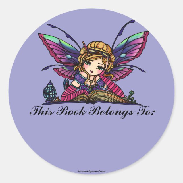 Sticker Rond Bookworm Library Fairy Imaginaire Art Bookplate (Devant)