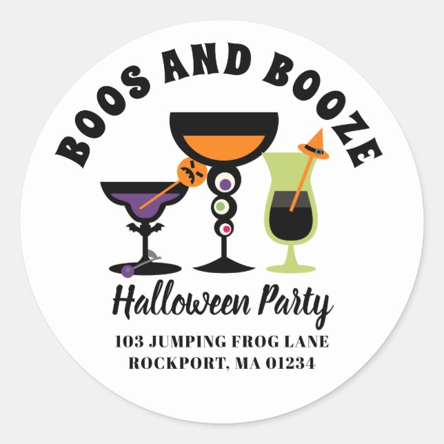 Sticker Rond Boos & Booze Halloween Party Retourner l'adresse É (Devant)