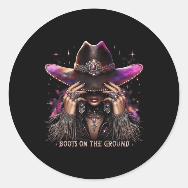 Sticker Rond Boot Boot Cowboy Sur Le Terrain Western Cowgirl Li (Devant)