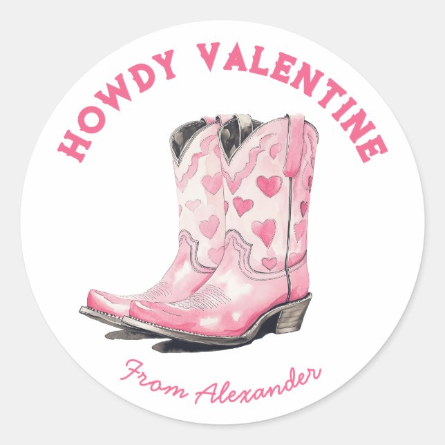 Sticker Rond Boot Cowboy rose doux sur mesure Howdy Valentine's (Devant)
