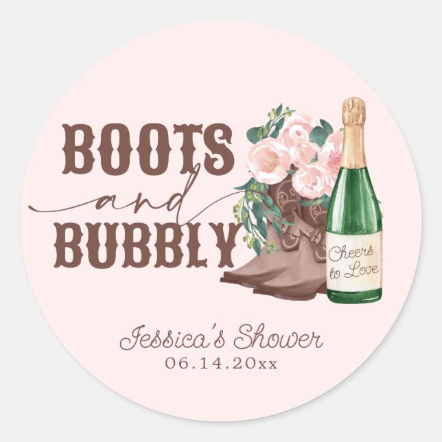 Sticker Rond Boots & Bubbly Floral Champagne Fête des mariées (Devant)