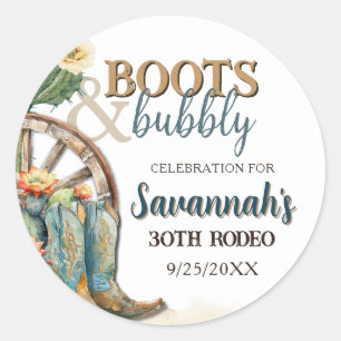 Sticker Rond Boots et Bubbly Rustic Cowgirl Rodeo Anniversaire