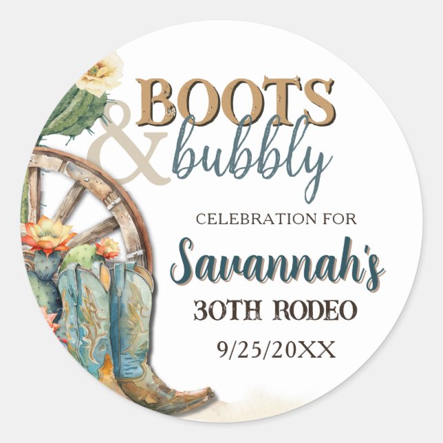Sticker Rond Boots et Bubbly Rustic Cowgirl Rodeo Anniversaire (Devant)