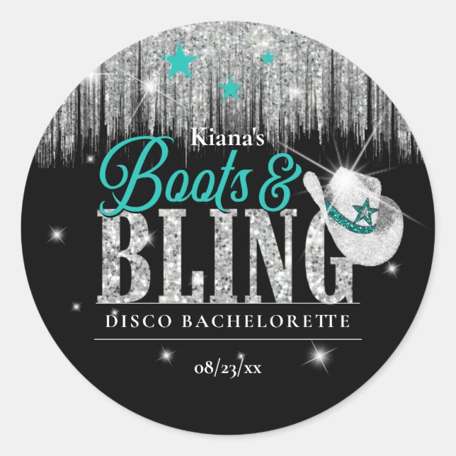 Sticker Rond Boots 'n Bling Disco Bachelorette Turquoise ID925 (Devant)
