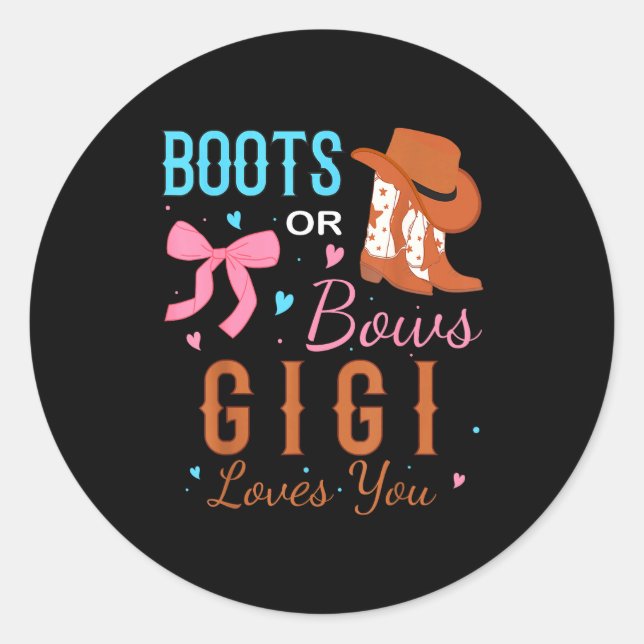 Sticker Rond Boots Or Bows Gigi Loves You Gender Reveal Party  (Devant)