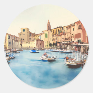 Sticker Rond Bord De Mer Et Bateaux Dans Le Port, Italien
