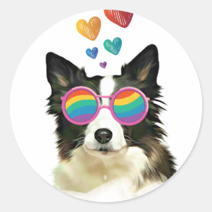 Sticker Rond Border Collie Chien avec des cœurs Saint-Valentin