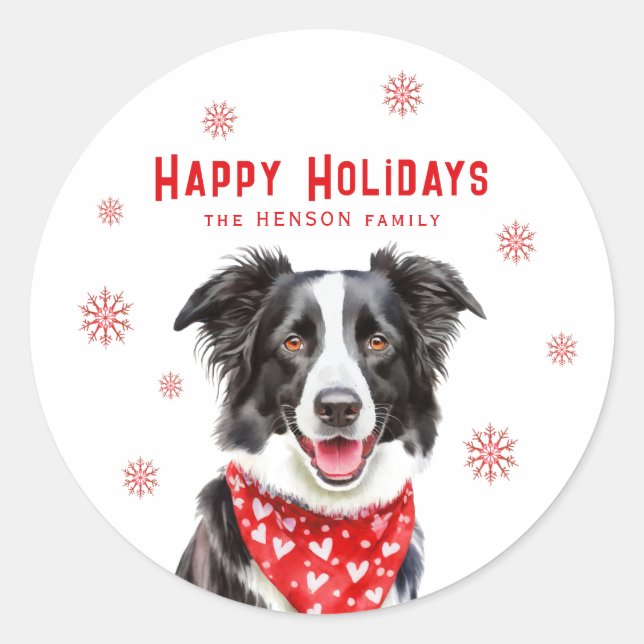 Sticker Rond Border Collie Red Heart Bandana Christmas Photo (Devant)
