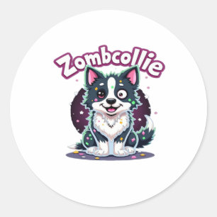 Sticker Rond Bordure Collie BC Chien Zombie Halloween Essentiel