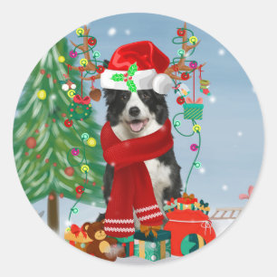 Sticker Rond Bordure Collie chien dans Neige avec cadeaux de No
