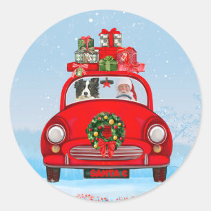 Sticker Rond Bordure Collie Chien En Voiture Avec Le Père Noël