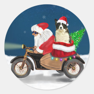 Sticker Rond Bordure Collie Chien Noël Père Noël