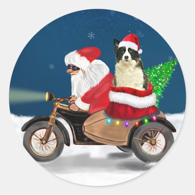 Sticker Rond Bordure Collie Chien Noël Père Noël (Devant)