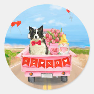 Sticker Rond Bordure Collie Chien Saint Valentin Coeurs de cami